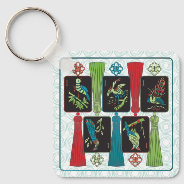 Mah Jongg Bird Tassels Keychain (Front)