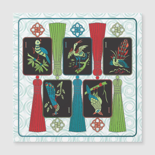 Mah Jongg Bird Tassels Magnet Card (Front)
