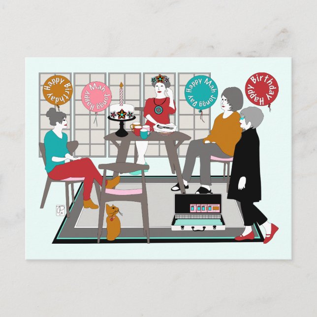 Mah Jongg Cat Birthday Postcard (Front)