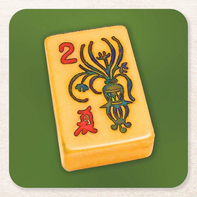 Mah Jongg Flower Tile Square Paper Coaster (Front)