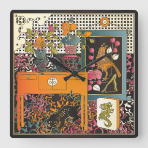 Mah Jongg Orange Table Square Wall Clock