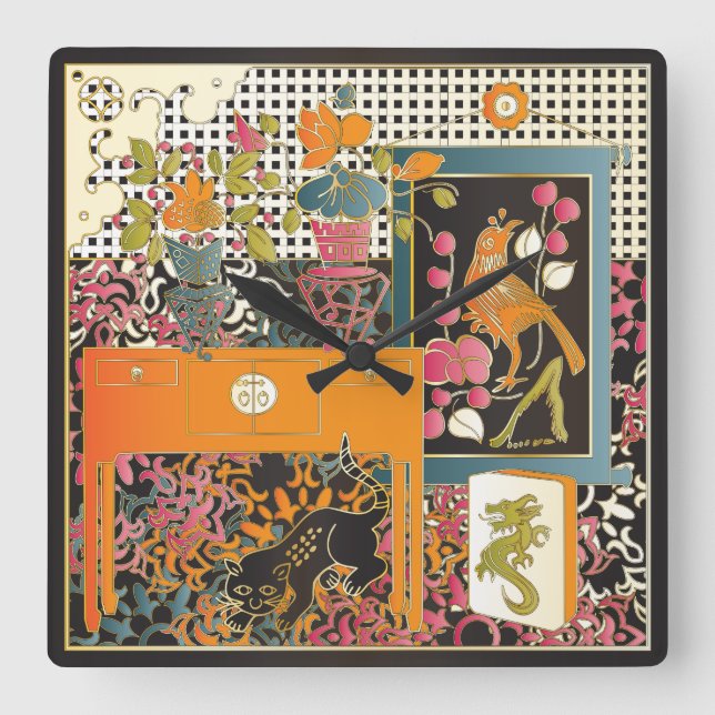 Mah Jongg Orange Table Square Wall Clock (Front)