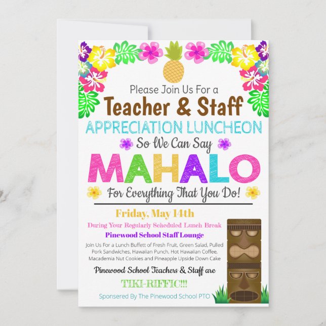 Mahalo Teacher Appreciation Staff Invitation (Front)