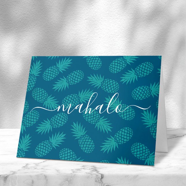 Mahalo teal turquoise tropical pineapple script thank you card (Creator Uploaded)