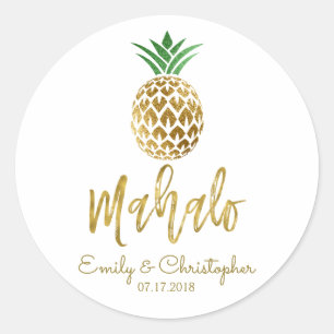 Mahalo Tropical Hawaiian Pineapple Wedding White Classic Round Sticker