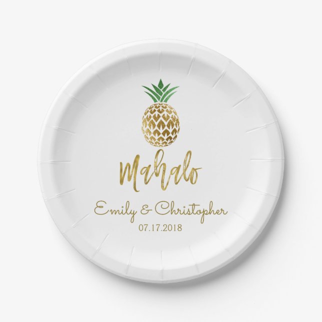 Mahalo Tropical Hawaiian Pineapple Wedding White Paper Plate (Front)
