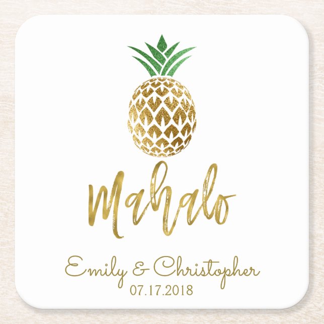 Mahalo Tropical Hawaiian Pineapple Wedding White Square Paper Coaster (Front)