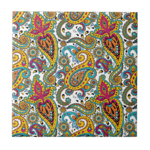 Maharani Queen Turquoise Orange Red Paisley Ceramic Tile