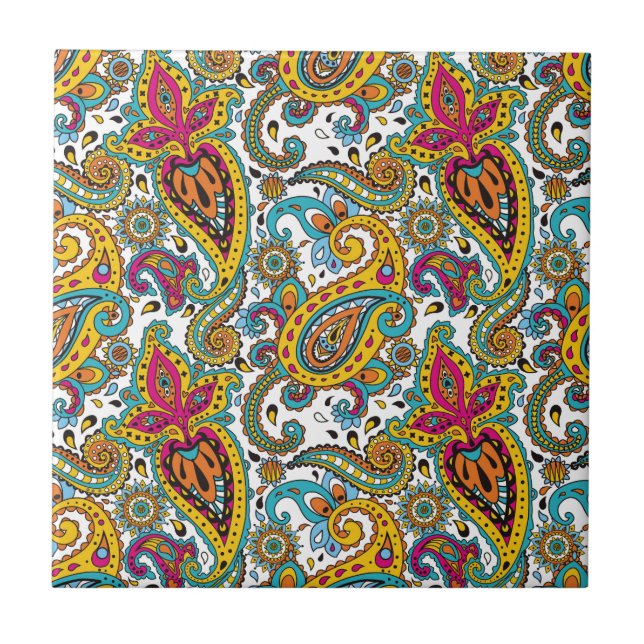 Maharani Queen Turquoise Orange Red Paisley Ceramic Tile (Front)