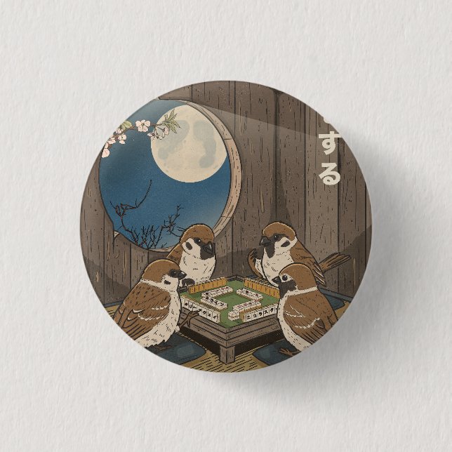Mahjong birds playing Game  3 Cm Round Badge (Front)