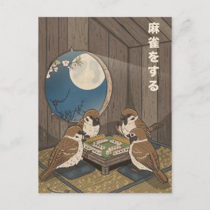 Mahjong birds playing Game Announcement Postcard