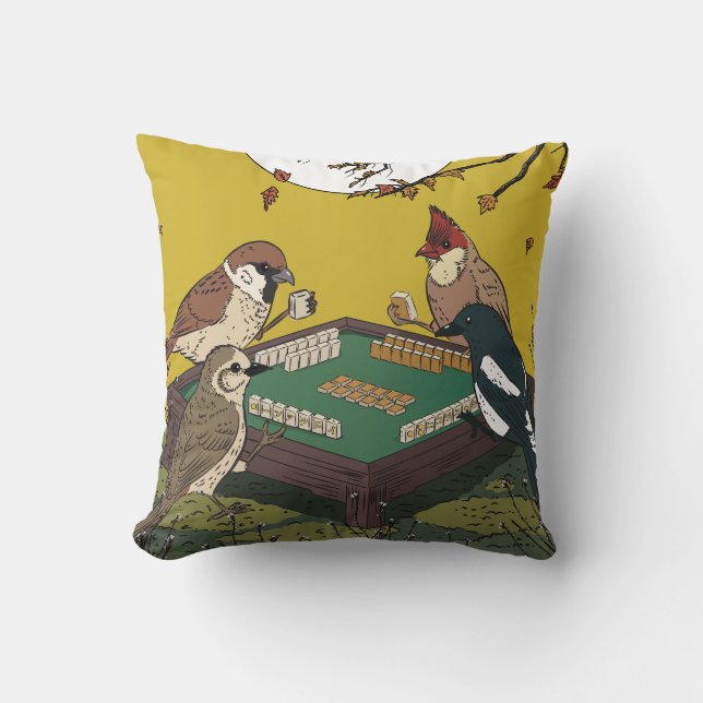 Mahjong birds playing Game  Cushion (Front)