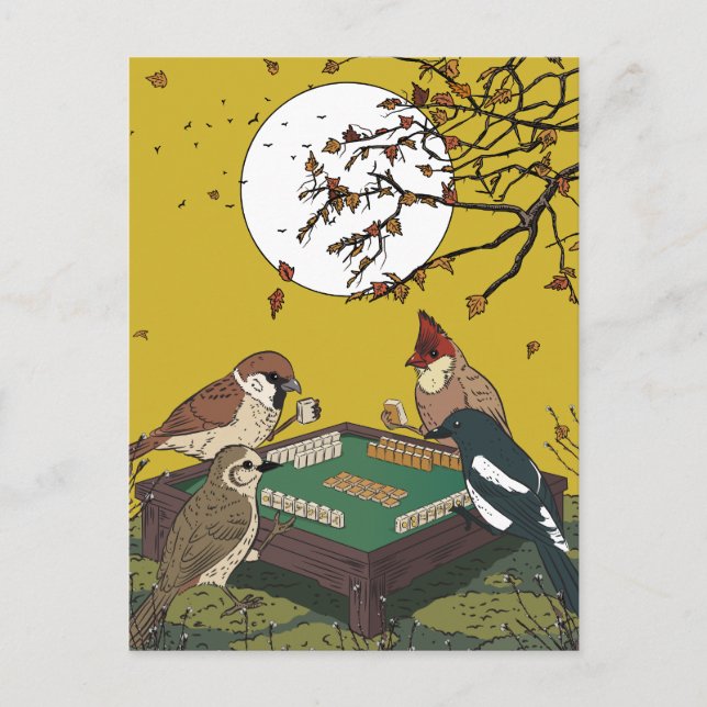 Mahjong birds playing Game  Invitation Postcard (Front)