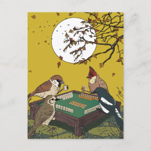 Mahjong birds playing Game Postcard