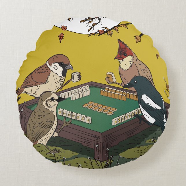 Mahjong birds playing Game  Round Cushion (Front)