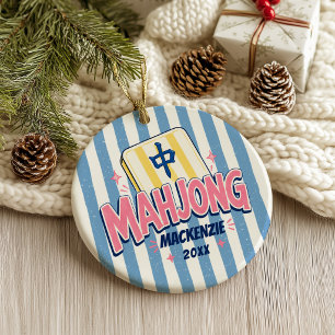 Mahjong Blue Striped Christmas Ceramic Ornament