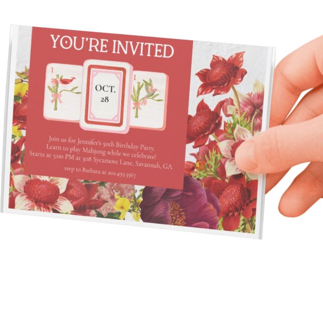 Mahjong Bold Rich Red Florals Postcard Invitation (Creator Uploaded)