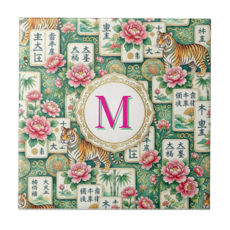 Mahjong Chinoiserie Floral Monogram Personalized Ceramic Tile
