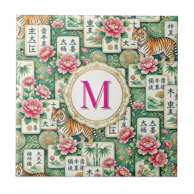 Mahjong Chinoiserie Floral Monogram Personalized  Ceramic Tile (Front)