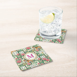 Mahjong Chinoiserie Floral Monogram Personalized Square Paper Coaster