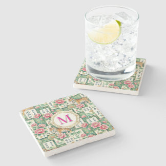 Mahjong Chinoiserie Floral Monogram Personalized Stone Coaster