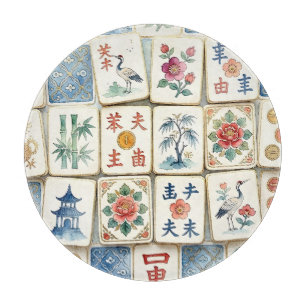 Mahjong Chinoiserie Tiles Watercolor Flowers Birds Cutting Board