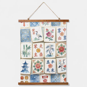 Mahjong Chinoiserie Tiles Watercolor Flowers Birds Hanging Tapestry