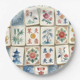 Mahjong Chinoiserie Tiles Watercolor Flowers Birds Paper Plate