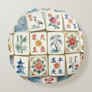 Mahjong Chinoiserie Tiles Watercolor Flowers Birds Round Cushion