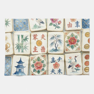 Mahjong Chinoiserie Tiles Watercolor Flowers Birds Tea Towel