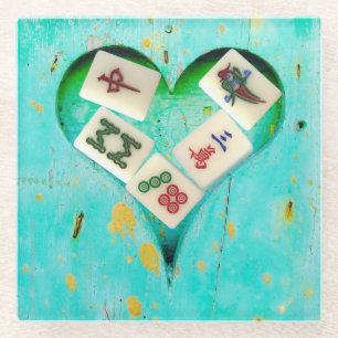 Mahjong fills my heart rustic design glass coaster