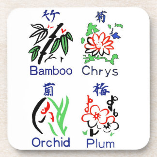 Mahjong Flower Suits,Blue,Red,Green,Black on White Coaster