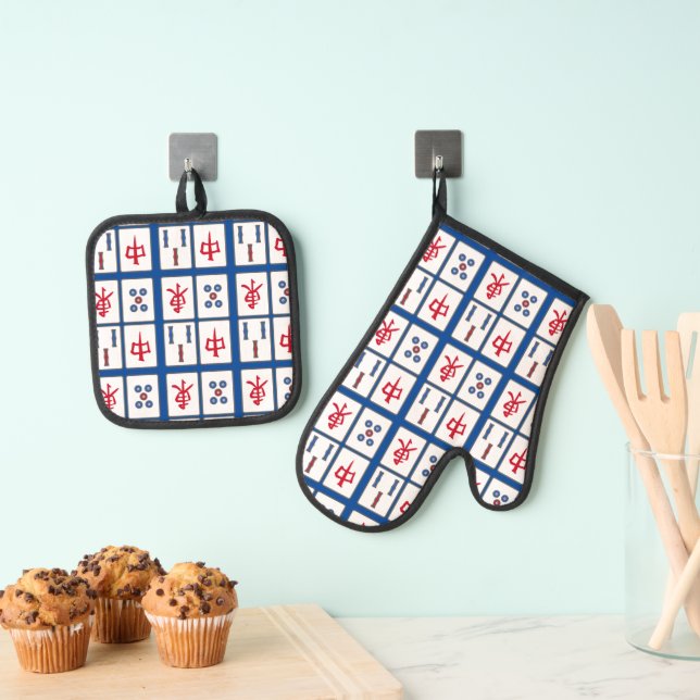 Mahjong Game Tiles Design Oven Mitt & Pot Holder Set (Insitu(Hanging))