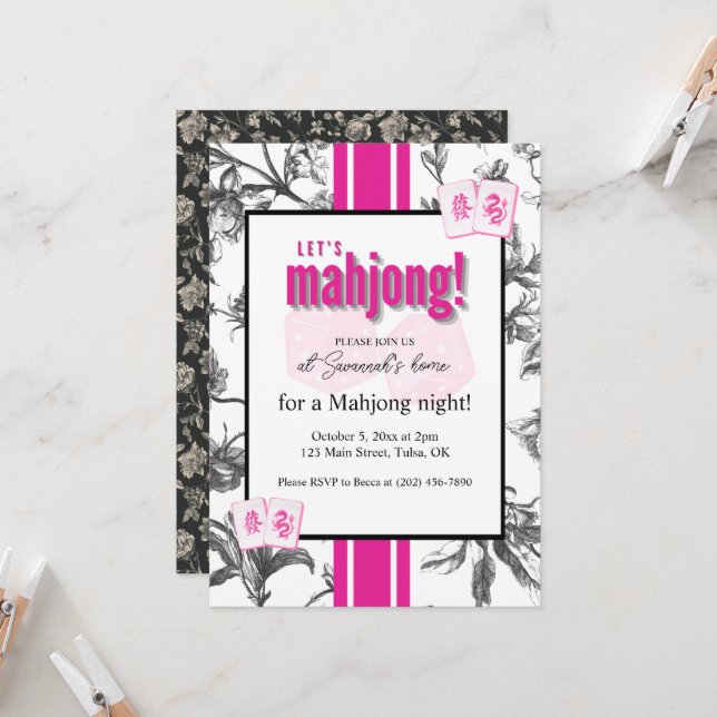 Mahjong Party Invitation, black pink toile, tiles Invitation (Front/Back In Situ)