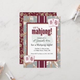 Mahjong Party Invitation, burgundy toile, tiles Invitation
