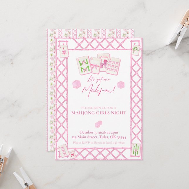 Mahjong Party Invitation, Girls Night Coquette (Front/Back In Situ)