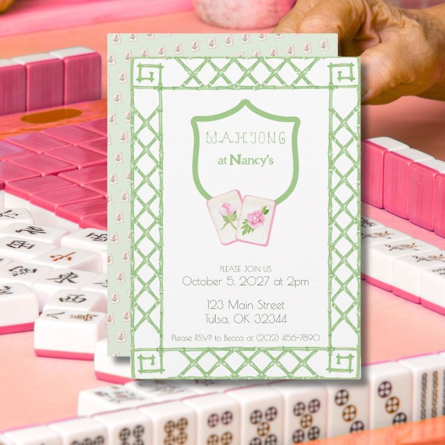 Mahjong Party Invitation, Green Flower Bamboo  Invitation (Creator Uploaded)