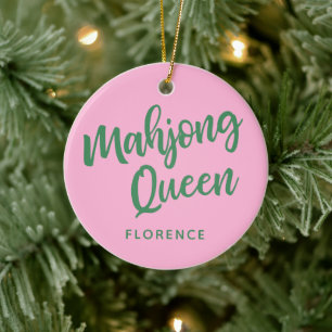 Mahjong Queen Personalised Name Pink and Green Ceramic Ornament