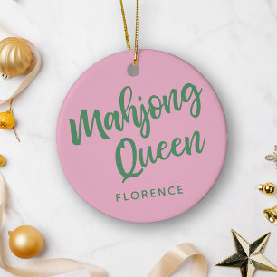 Mahjong Queen Personalised Name Pink and Green Ceramic Ornament