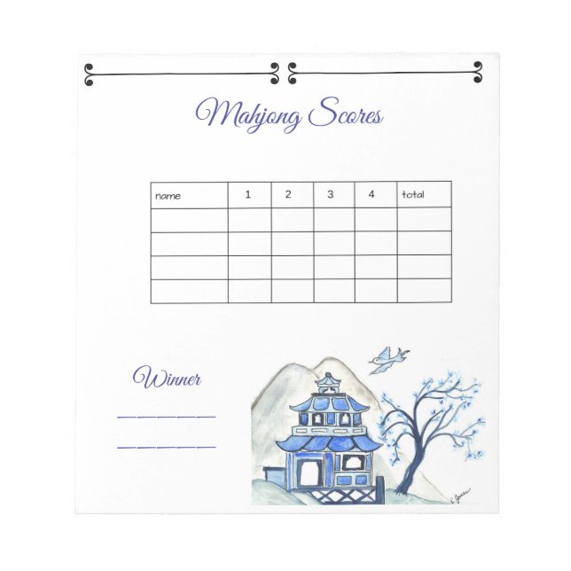 Mahjong Score Sheet Blue Pagoda Notepad (Front)