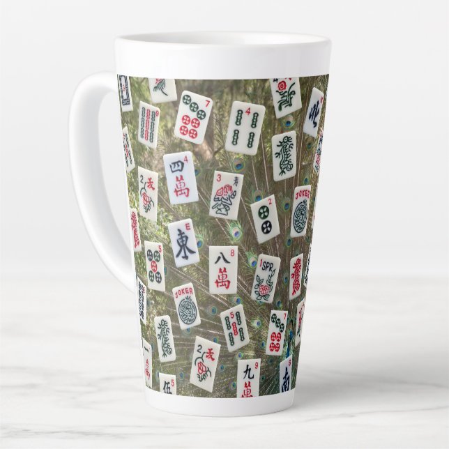 Mahjong symbols on peacock plumage background latte mug (Left Angle)