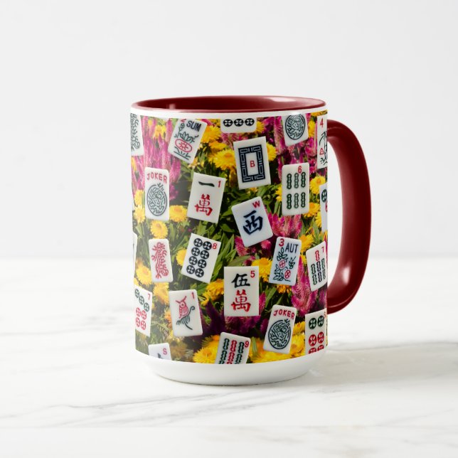 Mahjong symbols on wildflowers background mug (Front Right)