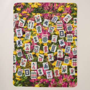 Mahjong symbols on wildflowers background sherpa blanket