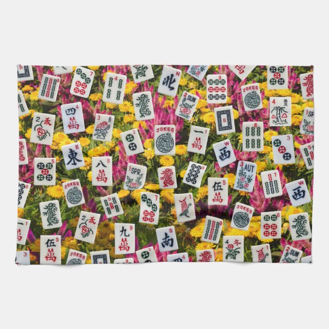 Mahjong symbols on wildflowers background tea towel (Horizontal)