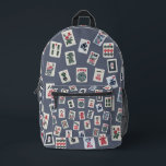 Mahjong symbols tiles on dark blue printed backpack<br><div class="desc">MahJongg symbols (tiles), patterns American classical style designed on Print Cut Sew Large Duffel Bag and any Zazzle Bags. This is great gifts for MahJong this game players, Mahjong Fans, MahJong lovers for any reason, occasion. I love MahJong . MahJong Fun, MahJong - its a game to make a friends,...</div>