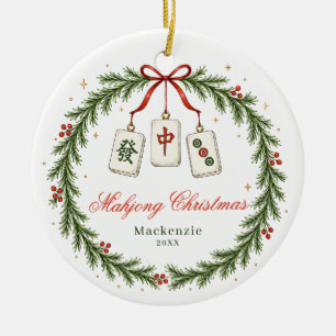 Mahjong Tile Classic Wreath Christmas Ceramic Ornament