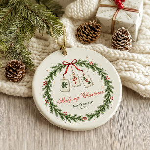 Mahjong Tile Classic Wreath Christmas Ceramic Ornament