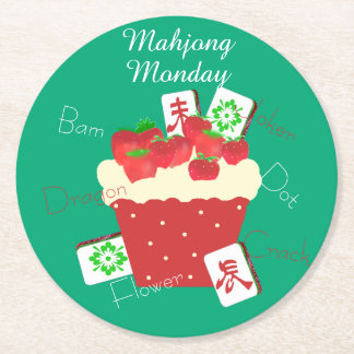 Mahjong Tiles and Strawberry Cupcake Round Paper Coaster