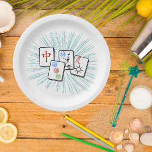 Mahjong Tiles Blue II Paper Plate