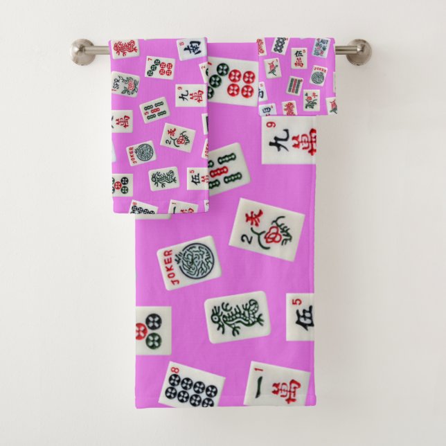 MahJong tiles design on pink Bath Towel Set (Insitu)